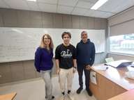 Thomas Lewis, winner of the 2022-2023 Peter Russell Memorial Mathematics Prize (with teachers Michèle Titcombe and Srinath Baba)